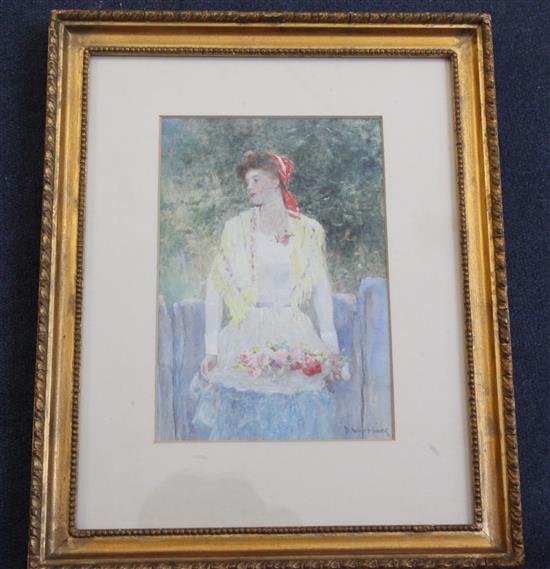 David Woodlock (1842-1929) Young woman gathering flowers 9.5 x 6.5in.